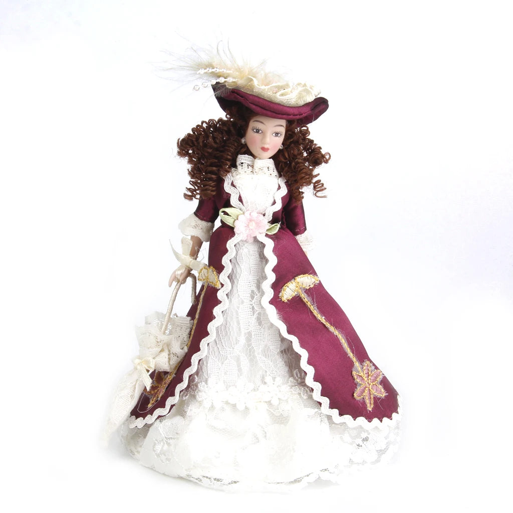 1/12 Dollhouse Miniature Porcelain Dolls Classical Lady Doll with Hat