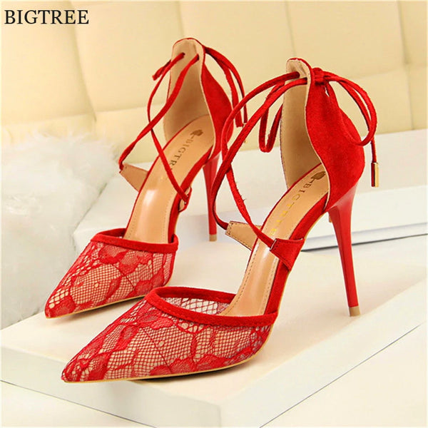 Sexy Floral Lace Mesh Pointed Toe Women Sandals 2025 Summer Fashion Hollow Cross-tied Woman High Heels Party Shoes Dress Pointed