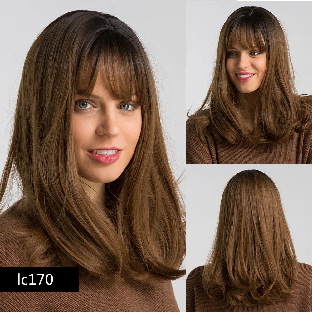 Element 16 Inch Synthetic Wig With Bangs Natural Headline Ombre Brown Color Fashion Cosplay Party Replacement Wigs for Women