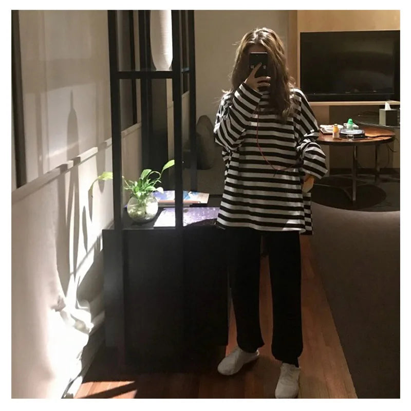 spring Autumn Women harajuku Striped Tshirt Long Sleeve O-Neck T-Shirts ulzzang Korean Casual  T Shirt Femme black Tops