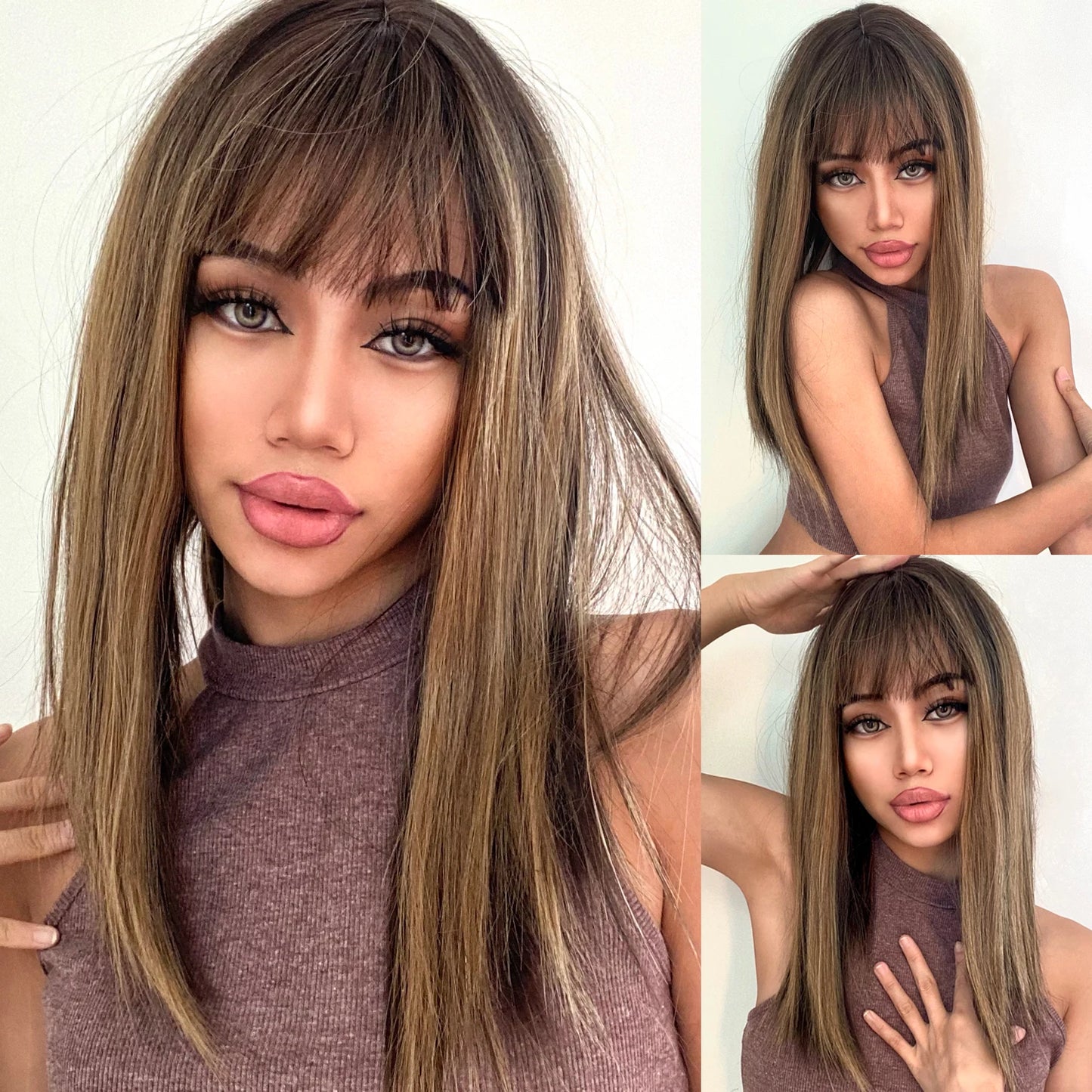 Element 16 Inch Synthetic Wig With Bangs Natural Headline Ombre Brown Color Fashion Cosplay Party Replacement Wigs for Women