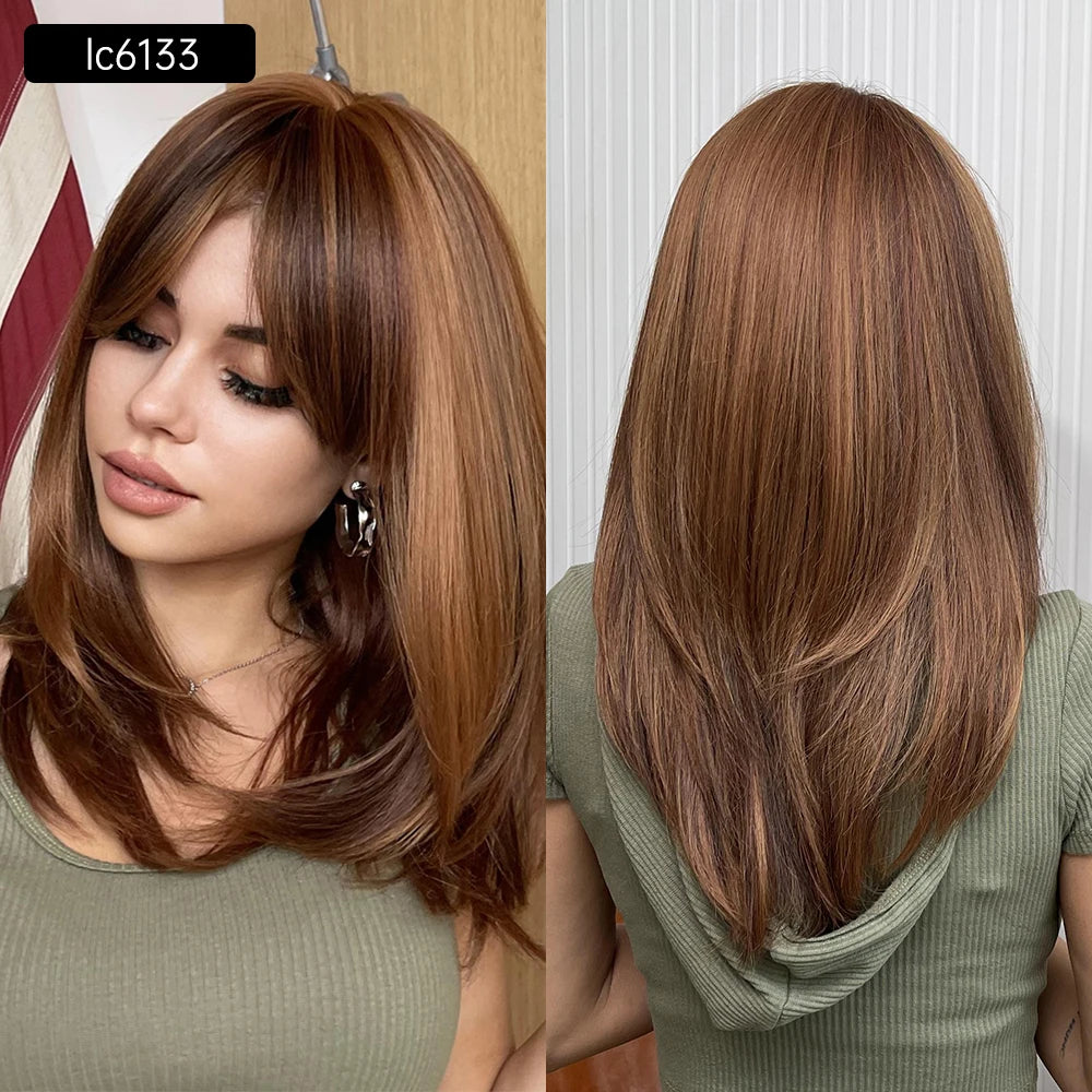 Element 16 Inch Synthetic Wig With Bangs Natural Headline Ombre Brown Color Fashion Cosplay Party Replacement Wigs for Women