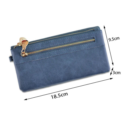 Large Capacity Women's Dull Polish Leather Wallet Double Zipper Clutch Wristlet Purse Phone Coin Card Holder Multi-pocket Wallet