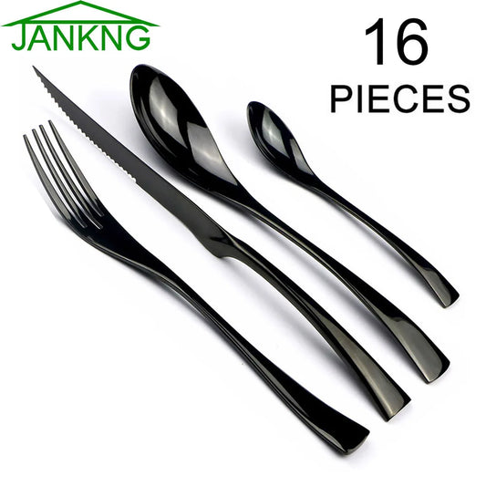 JANKNG 16Pcs Stainless Steel Dinnerware Set Black Cutlery Set Silverware Kitchen Tableware Fork Steak Knife TeaSpoon Dinner Set