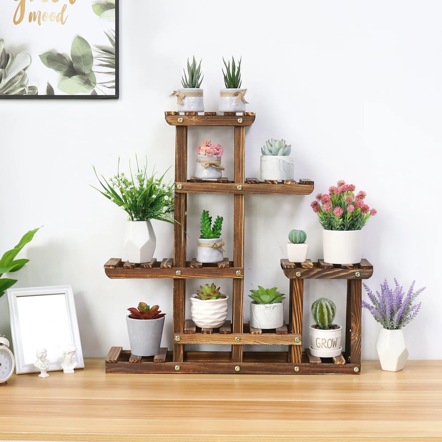 Multi-tiered Plant Stand 6 Tiers Pine wood Succulent Pots Planter Display Rack Balcony Potted Flower Rack Shelf Indoor Outdoor