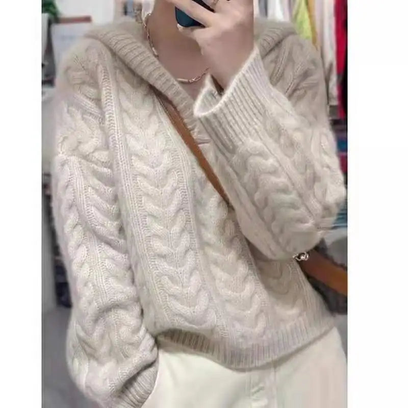 Autumn and winter hooded pullover pure cashmere sweater sweater new languid lazy loose knitting sweater women add thick twist sw