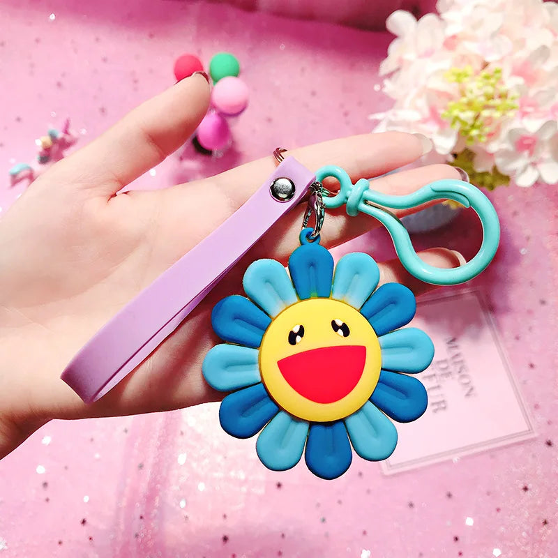 Korean Style Anime Silicone Rainbow Color Flower Key Chain For Women Cute Girls Keychain On Bag Car Trinket Wedding Party Gift