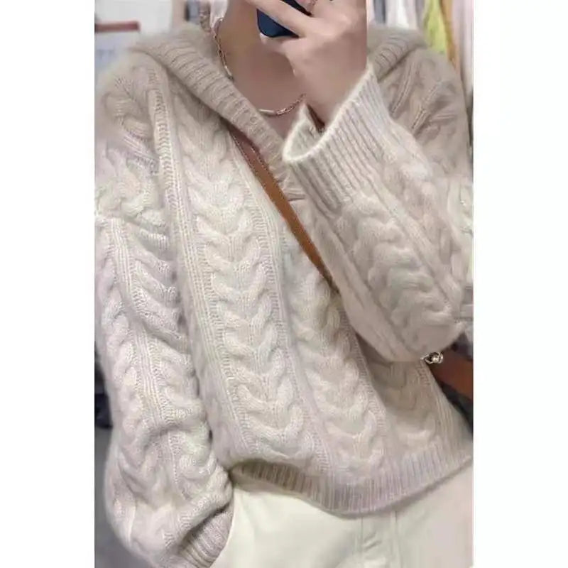 Autumn and winter hooded pullover pure cashmere sweater sweater new languid lazy loose knitting sweater women add thick twist sw