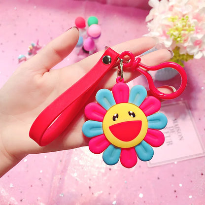 Korean Style Anime Silicone Rainbow Color Flower Key Chain For Women Cute Girls Keychain On Bag Car Trinket Wedding Party Gift