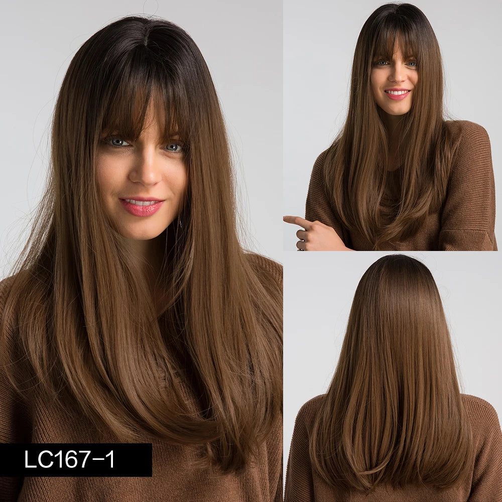 Element 16 Inch Synthetic Wig With Bangs Natural Headline Ombre Brown Color Fashion Cosplay Party Replacement Wigs for Women