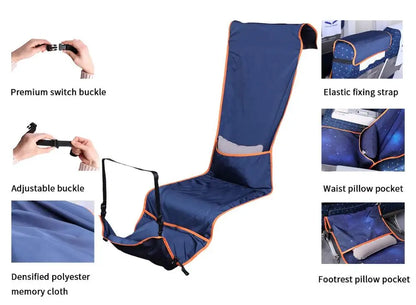 Adjustable Footrest Hammock with Inflatable Pillow Seat Cover for Planes Trains Buses