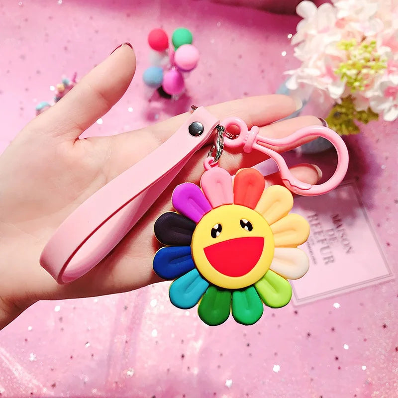 Korean Style Anime Silicone Rainbow Color Flower Key Chain For Women Cute Girls Keychain On Bag Car Trinket Wedding Party Gift