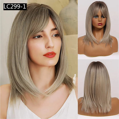 Element 16 Inch Synthetic Wig With Bangs Natural Headline Ombre Brown Color Fashion Cosplay Party Replacement Wigs for Women