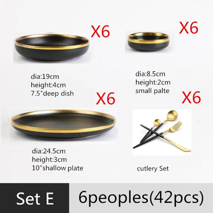 Gilt Rim Black Porcelain Dinner Plates Kitchen Dishes Ceramics Tableware Food Tray Rice Salad Noodles Bowl Cutlery Set