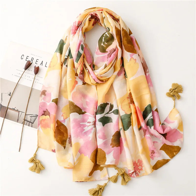 Luxury Brand Viscose Scarf for Women Floral Tassel Shawl Printed Wrap Pashminas Stole Muslim Woman Hijab Travel Beach Stoles