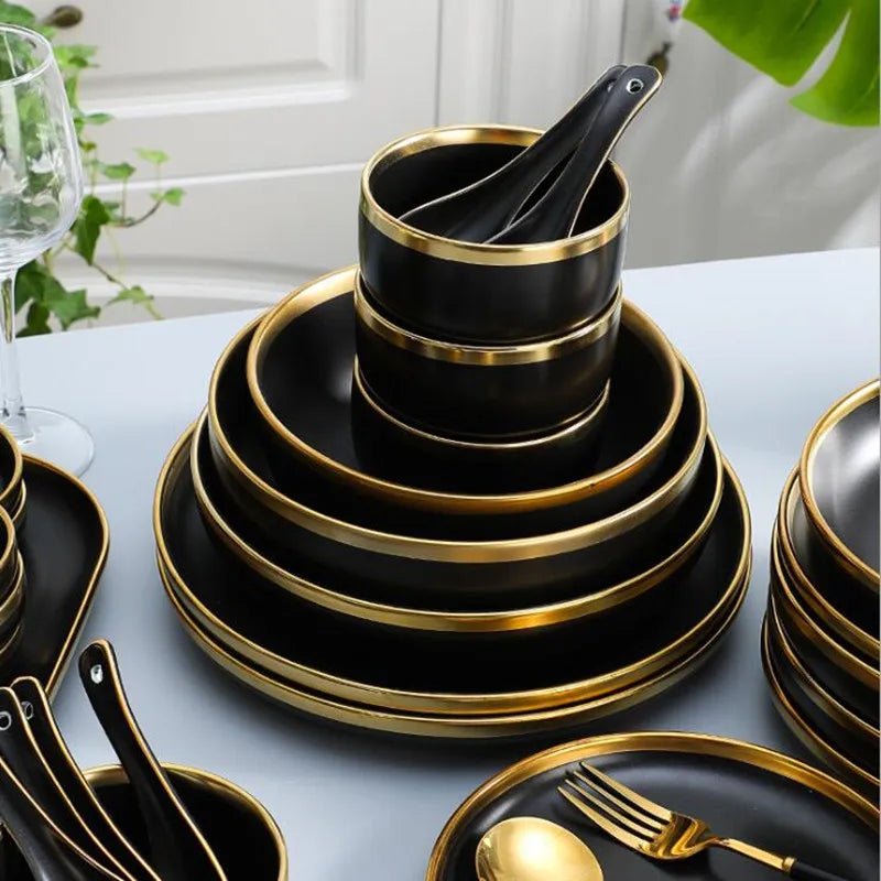 Gilt Rim Black Porcelain Dinner Plates Kitchen Dishes Ceramics Tableware Food Tray Rice Salad Noodles Bowl Cutlery Set