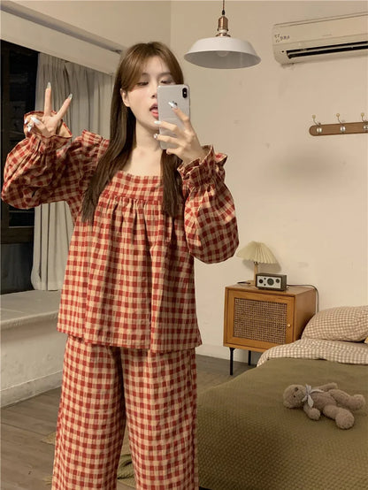 Red Plaid Cotton Pajamas Set Women Square Collar Shirts + Trousers Casual Loose Vintage Korean Sleepwear Night Wear Autumn Cute