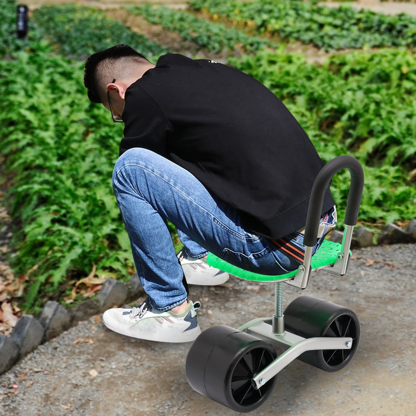 Garden Rolling Stool Workseat with 2 Wheels Stable Sturdy Cart Adjustable Seat Height and Direction for Gardening Floor Standing