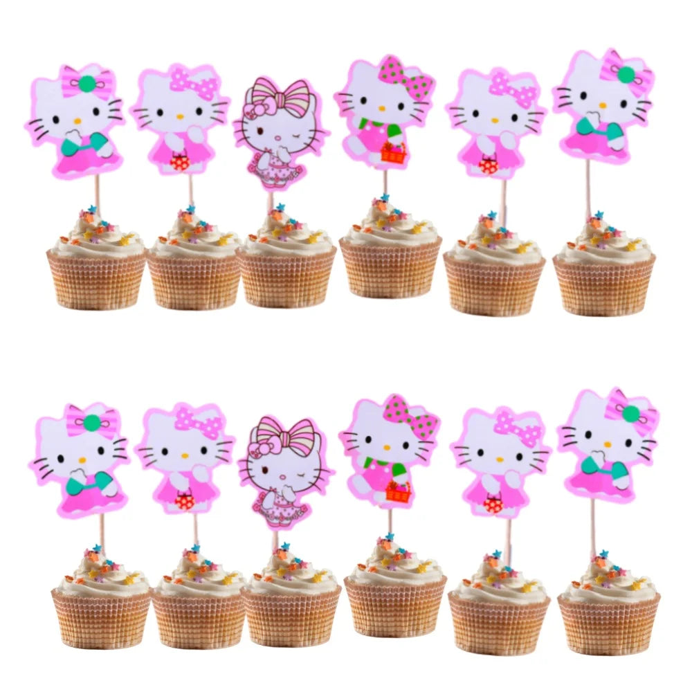 24Pcs/Pack Hello Kitty Cake Toppers Pink Kitty Cat Theme CupCake Toppers Baby Shower Kids Girls Birthday Party Cake Decorations