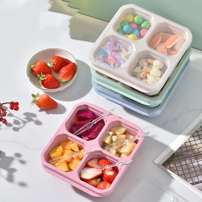 Square Divider Bento Box Reusable 4-compartment Food Container Snack Nuts With Lid Wheat Straw Lunch Box Kitchen Supplies