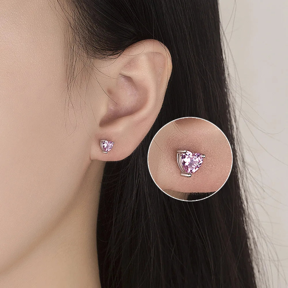 925 Sterling Silver Pink White Purple Red Heart Zircon Stud Earrings For Women Piercing Wedding Jewelry Wholesale Argent 925