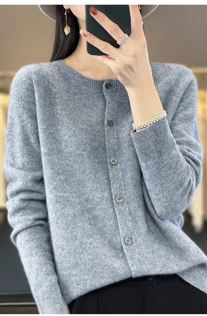 Long Sleeve 100% Merino Wool Sweaters Cashmere Cardigan Spring Autumn Women O-Neck Knitwear Tops Clothing Fashion Basic Tops