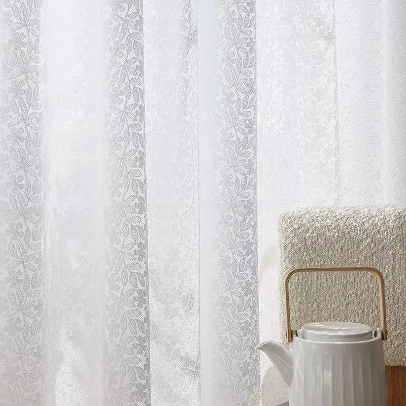 Yeman Gauze Leaf Lace Window Curtain Pure White Embroidery Translucent and Opaque Living Room Balcony Japanese Style