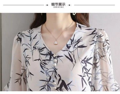 Summer Elegant Fashion Printed 3/4 Sleeve Shirt Women's Clothing Commute Loose Beading Spliced V-Neck Chiffon Blouse for Female