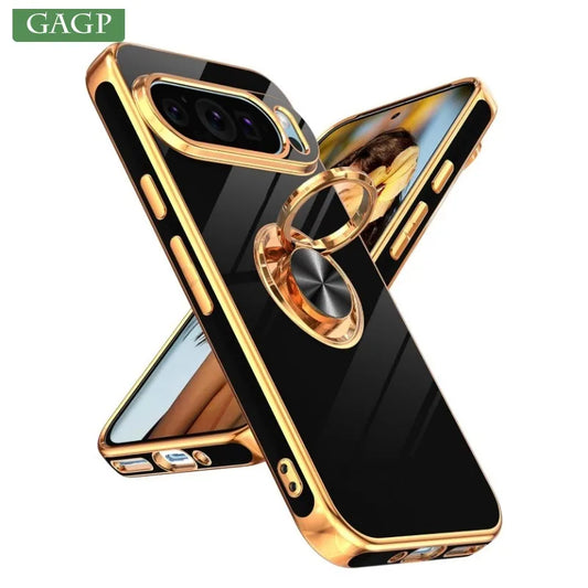 Luxury Plating Ring Holder Case for Google Pixel 9 Pro XL 8A 7A 8 7 Pro 6A 5A Magnetic Stand Bracket Soft Silicone Armor Cover