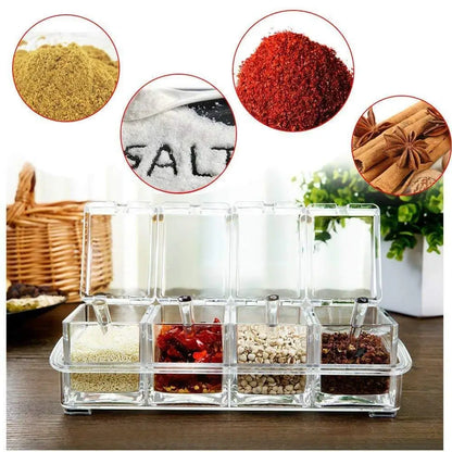 Four in one PET high transparency plastic seasoning box set for kitchen and household use with spoon seasoning bottle