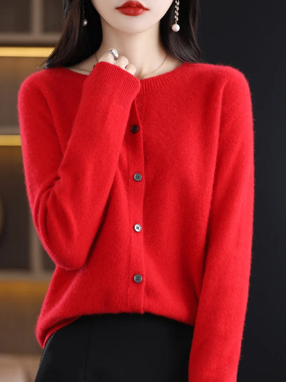 Long Sleeve 100% Merino Wool Sweaters Cashmere Cardigan Spring Autumn Women O-Neck Knitwear Tops Clothing Fashion Basic Tops