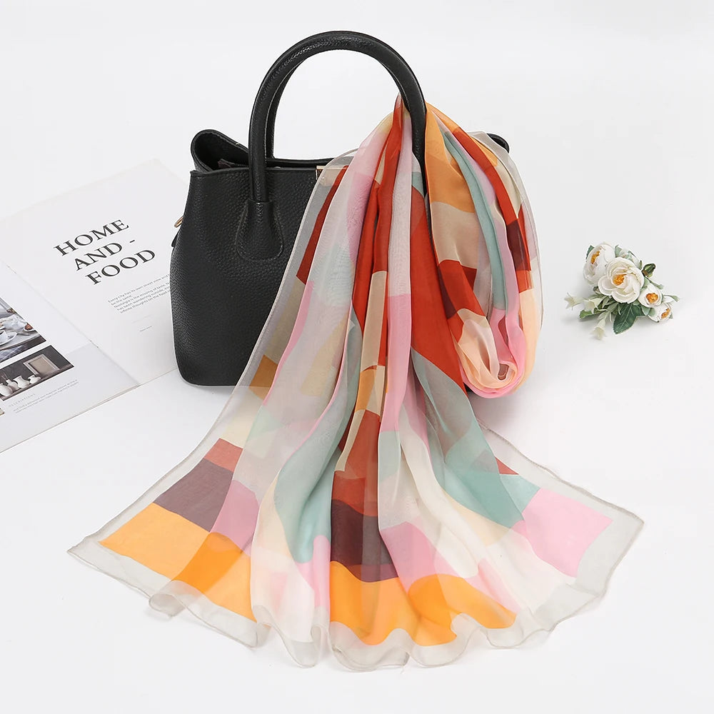 Silk Scarf Chiffon HIjabs for Women Elegant Woman Shawls Wraps Geometric Print Beach Stole Scarves Foulard Femme Hijab 150*50Cm