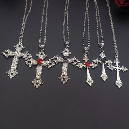 Large Detailed Cross Drill Pendant Jewel Necklace Silver Color Tone Gothic Punk Jewellery Fashion Charm Statement Women Gift(Red