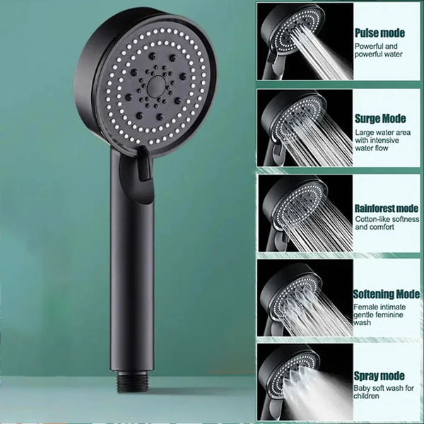 5 Modes Adjustable Rain Drenching Mode Black Bath Shower Head Head Water Saving High Pressure Showerhead Bathroom Accessories