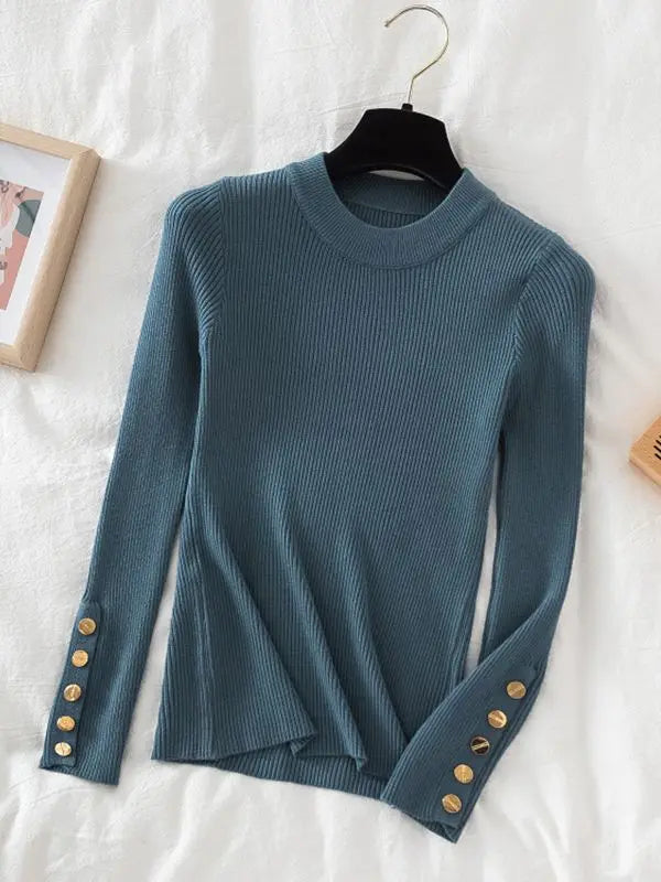 2025 women thick sweater pullovers khaki casual autumn winter button o-neck chic sweater female slim knit top soft jumper tops