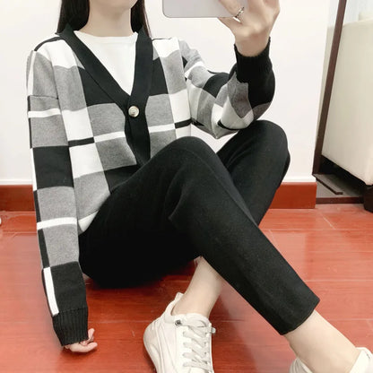 Spring Autumn Plaid Knit Women's Tracksuit Cardigan sweater coat + short sleeved top + Solid Harem Pants 3 Piece Set Women