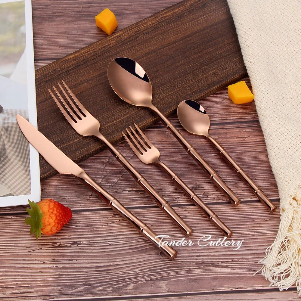 10/15/20/25/30pcs Sliver Dinner Set Stainless Steel Western Tableware Mirror Cutlery Bamboo Style Spoon Fork Kitchen Utensils