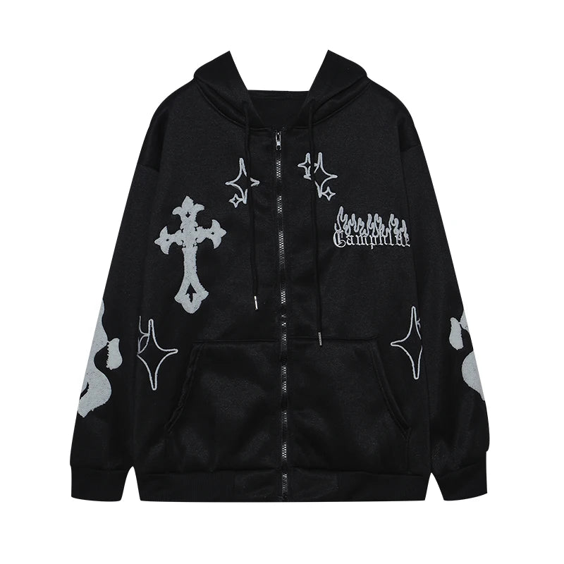 2023 European and American Autumn/Winter Hoodie Embroidered Cross Flame Coat Plush Couple Loose Top Sweater