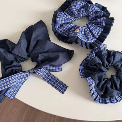 Korean New Design Blue Plaid High-Grade Retro Preppy Style Elastic Scrunchie Small Bun Head Rope Hair Accessories