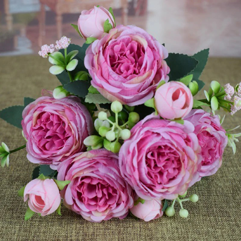 Hot Sale Simulation Peony 9 Heads Silk Artificial Flowers Bouquet Big DIY Fake Flowers For Home Wedding Decoration Indoor Office