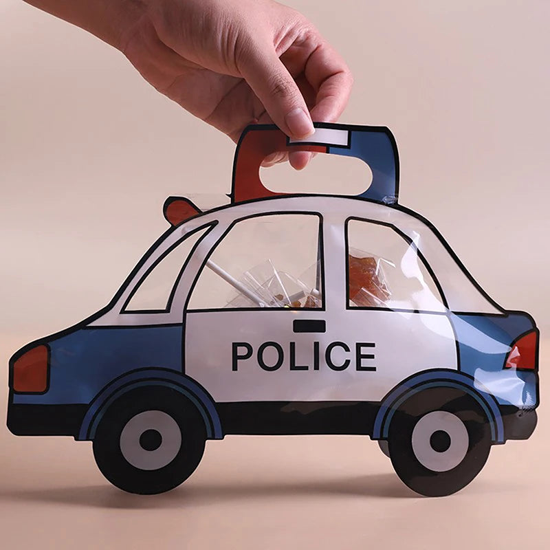 10Pcs Construction Truck Bulldozer Excavator Police Car Fire Engine Shape Candy Cookie Bags Kid Birthday Party Gift Zipper Bags