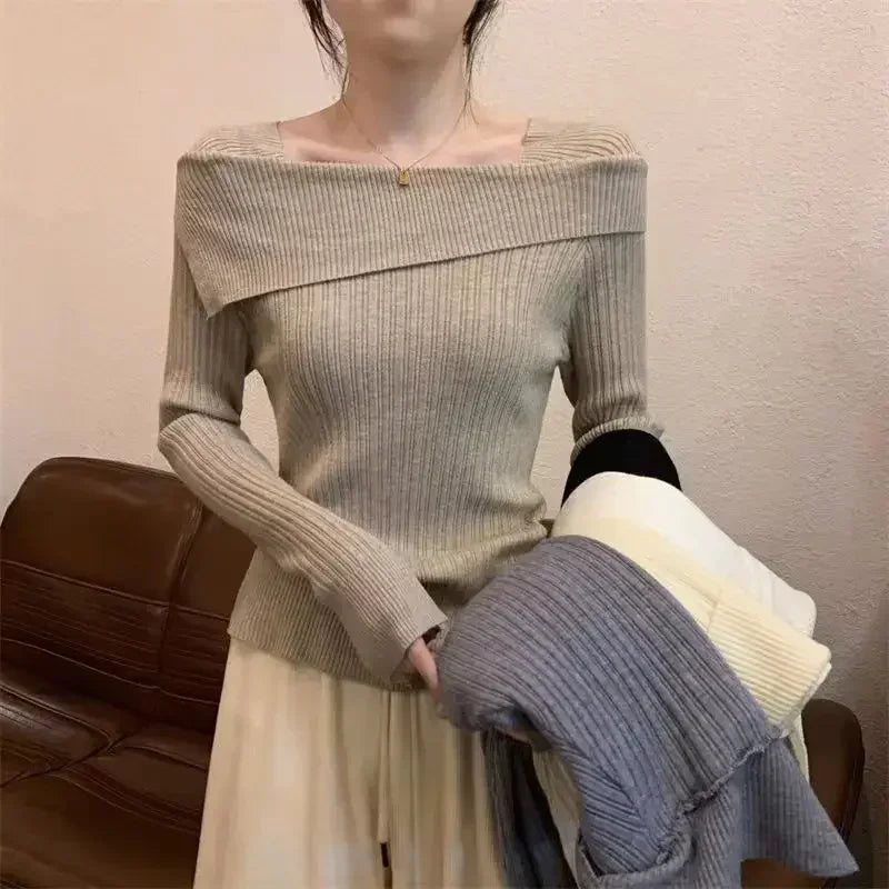 POCZCIY Women Slim Off Shoulder Knit Sweater Slash Neck Long Sleeve Knitwear Jumpers Office Sweater For Women 2024 Autumn Winter