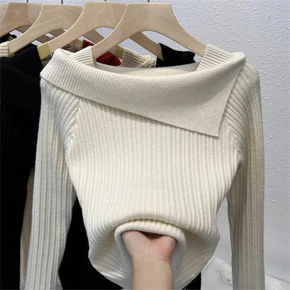 Women's Slim Sweater Pullover Tops Off-Shoulder Knit Basic Spring Autumn New Style Sweater Korean Fashion Winter Clothes Women