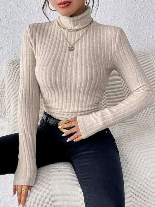 Autumn and Winter Sexy Texture Pit Stripe Slim Knit Long Sleeve Women's t-shirt New High Neck Women's Tops Casual Women's Tops