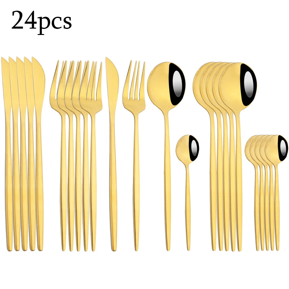 Zoseil Cutlery Set in Red and Gold Stainless Steel 24 Pcs Dinnerware Set in Flatware Kitchen Dinner Mmirror Stainless Steel