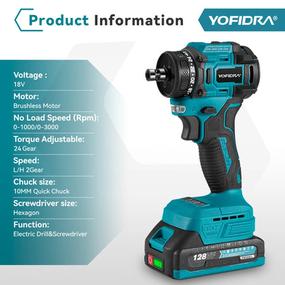 YOFIDRA 2 in1 Brushless Electric Screwdriver Hammer Cordless Drill Impact Multifunctional Power Tool  For Makita 18V Battery