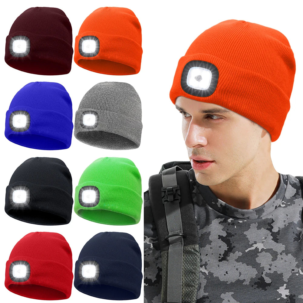 Unisex 4 LED Beanie Hat Hands Free Headlamp Cap for Men and Women Winter Knit Lighted Headlight Hats Portable Headlamp Torch