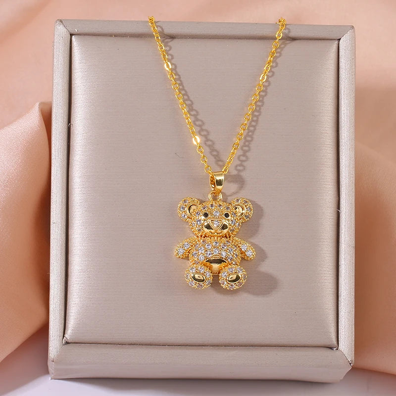 [Copper Micropaved Zirconia] European and American Cute Fat Bear Pendant Necklace for Women Charming Christmas Jewelry Gift