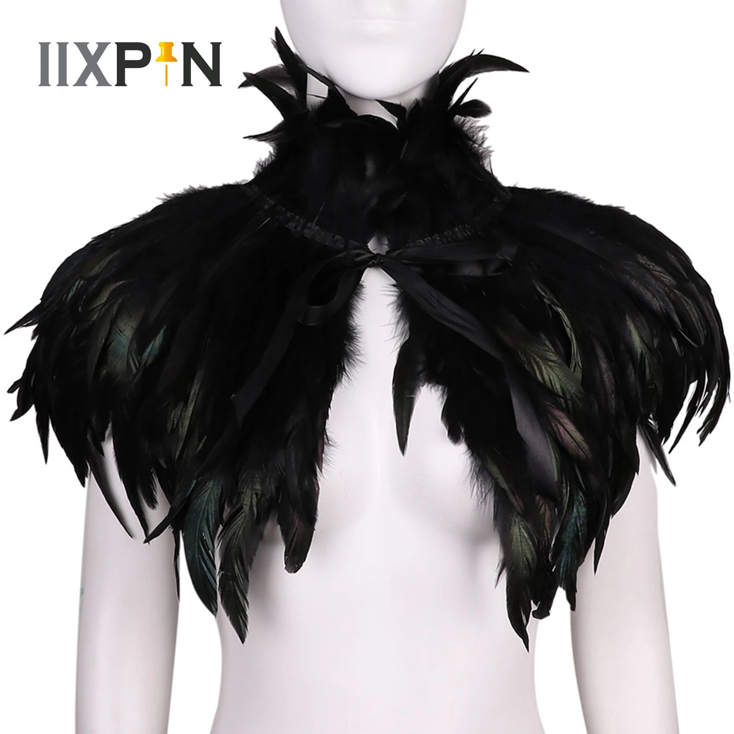 Black Gothic Victorian Natural Feather Cape Shawl Stole Poncho with Choker Collar for Halloween Cosplay Rave Party Costume