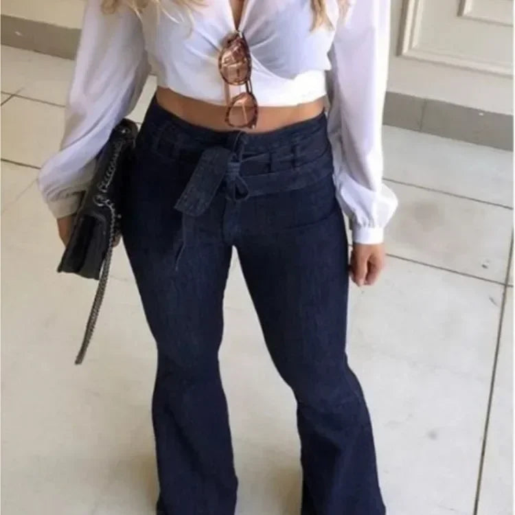 Women Jeans Solid Color High Waist Flare Pants Zipper Fly Flat Pockets Streetwear Slim Patchwork Button Slight Strech Belt